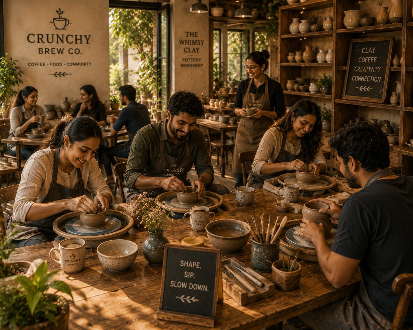 Guests shaping clay on pottery wheels during a Clay & Coffee workshop at The Whimsy Clay