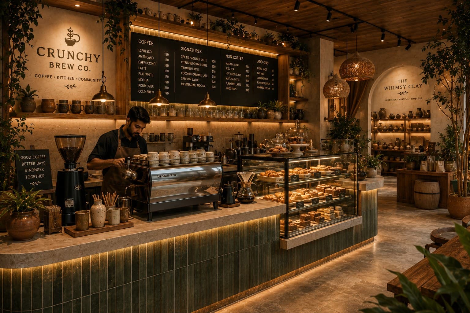 Barista preparing coffee at the Crunchy Brew Co. counter, surrounded by roasted beans and ceramic mugs
