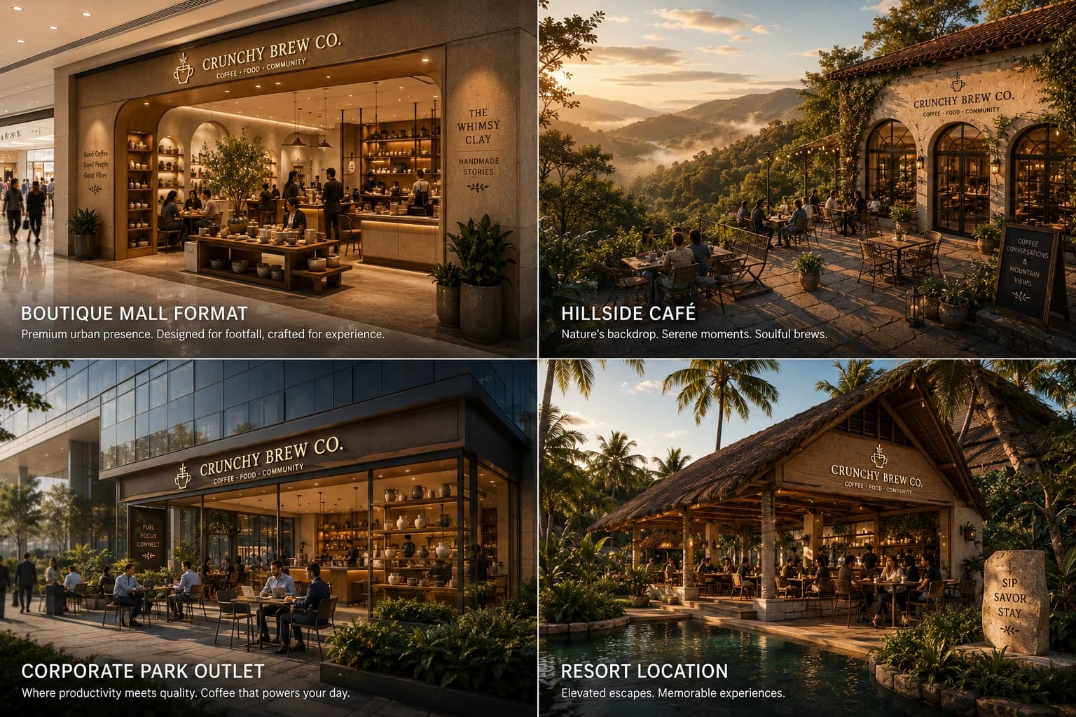 A concept board showing Crunchy Brew Co.'s range of café formats across different property types