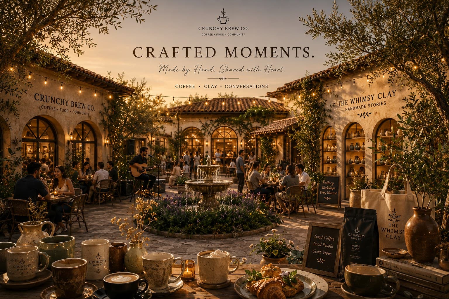 Crunchy Brew Co. exterior at dusk, warm light spilling from the entrance onto the courtyard