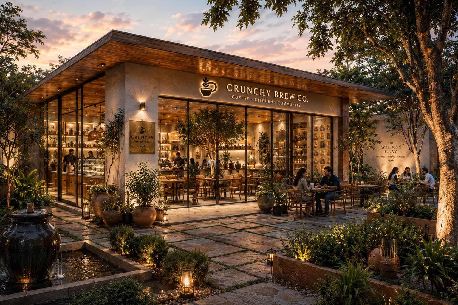 Crunchy Brew Co. café exterior at golden hour, with warm signage and an inviting glass-fronted entrance