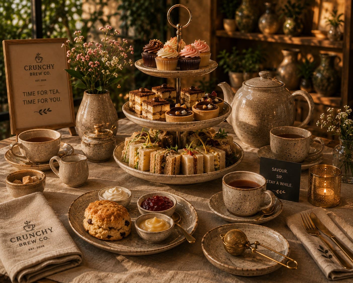 A tiered stand of finger sandwiches, scones, and pastries for High Tea at Crunchy Brew Co.