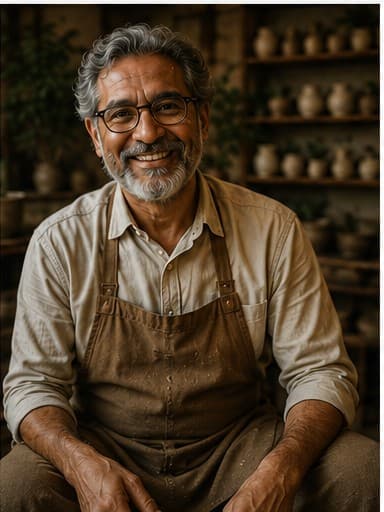 Portrait of a Whimsy Clay artisan smiling, holding a finished ceramic bowl