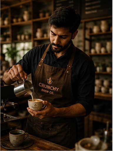 A barista preparing coffee behind the Crunchy Brew Co. counter