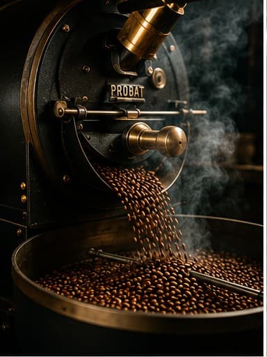 Coffee beans pouring from a roaster into a cooling tray, with visible steam