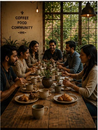 Guests gathered around a long communal table at Crunchy Brew Co., sharing coffee and pastries