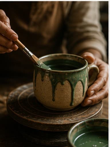An artisan hand-glazing a ceramic mug with a brush