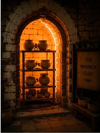 A warmly-lit kiln archway lined with finished pottery at The Whimsy Clay