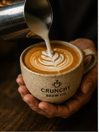 Milk being poured into a cappuccino to form latte art, in a hand-thrown Crunchy Brew Co. mug