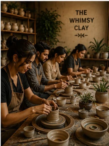 Guests shaping clay on pottery wheels during a Whimsy Clay workshop session