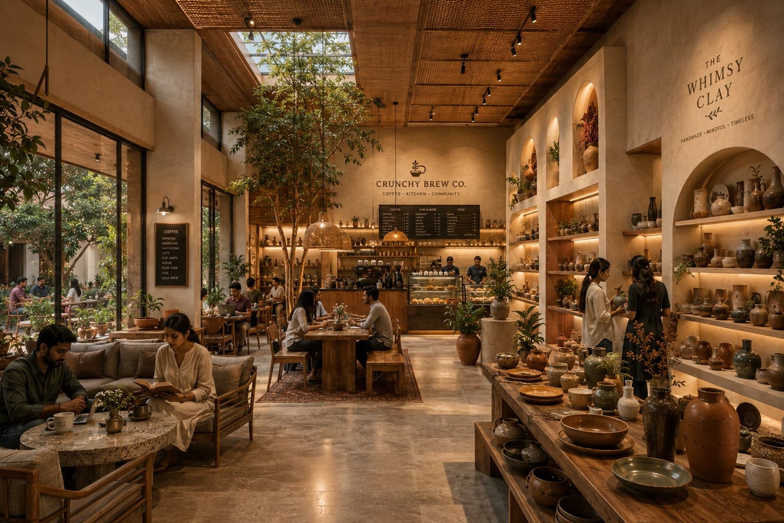 The main café interior at Crunchy Brew Co., warmly lit with guests seated at wooden tables