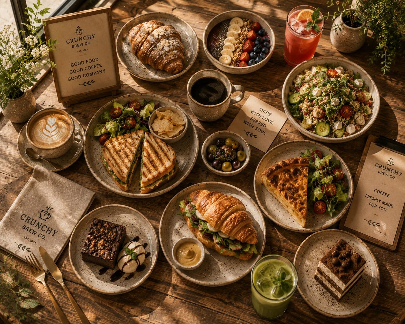 A table set for weekend brunch with shared plates and coffee at Crunchy Brew Co.