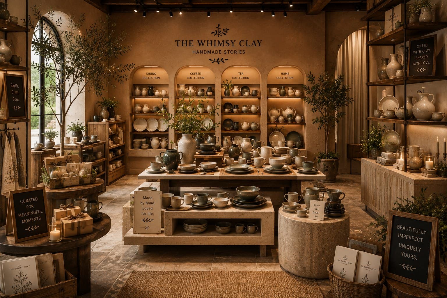 The Whimsy Clay boutique wall at Crunchy Brew Co., displaying handmade ceramics on warmly lit wooden shelving