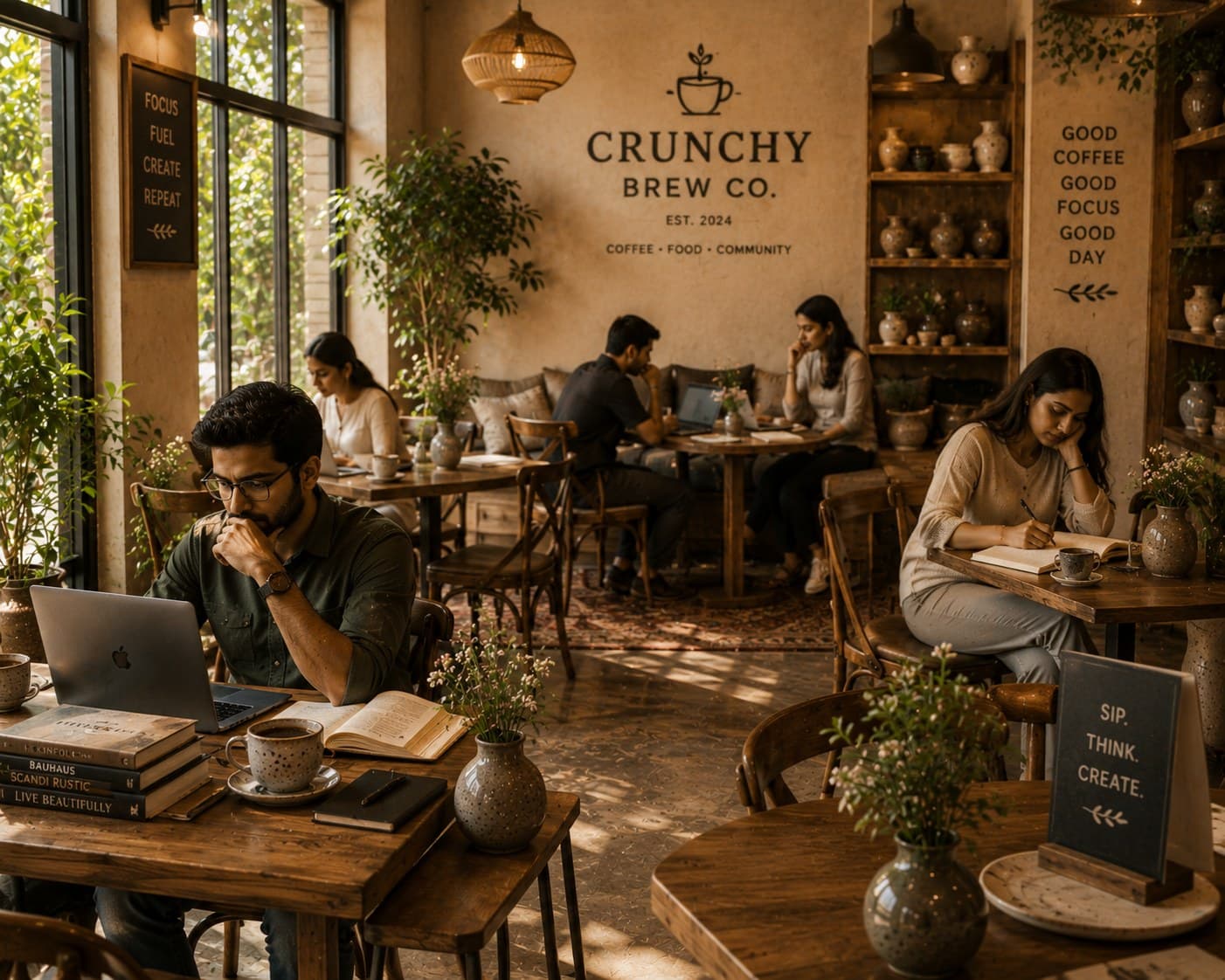 A guest working from a table at Crunchy Brew Co., surrounded by books and a cup of coffee